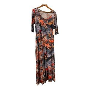 Soft Surroundings M Nanette Maxi Dress Blue Orange Abstract Floral Elbow Sleeve